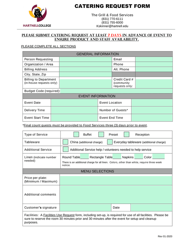 CATERING REQUEST FORM screenshot