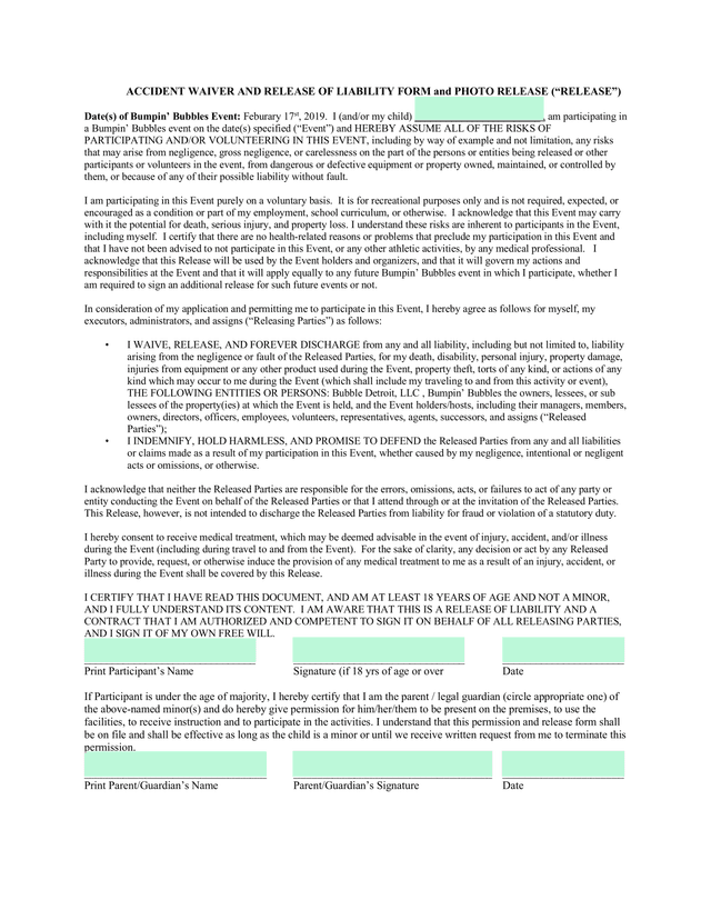 Accident Waiver And Release Of Liability Form And Photo Release screenshot