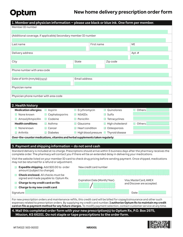 New Home Delivery Prescription Order Form screenshot