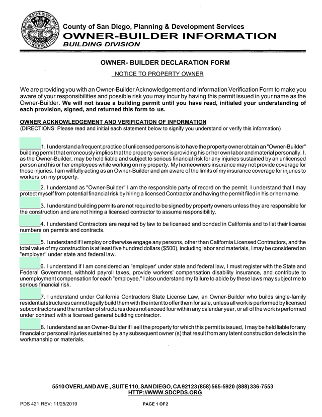 Owner Builder Declaration Form screenshot
