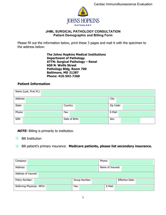 JHML Surgical Pathology Consultation Patient Demographic And Billing Form screenshot