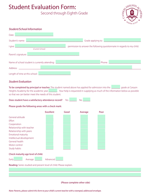 Student Evaluation Form Second Through Eighth Grade screenshot