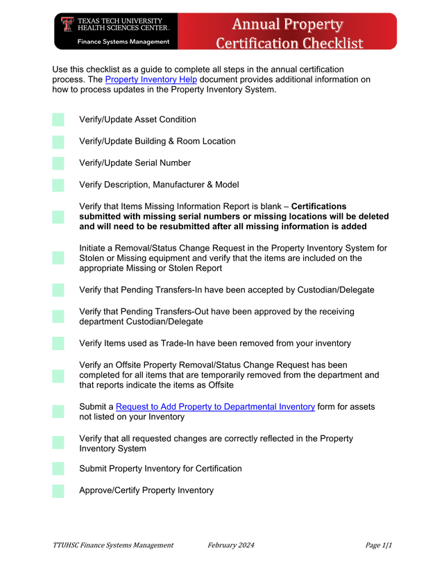 Property Inventory Certification Checklist screenshot