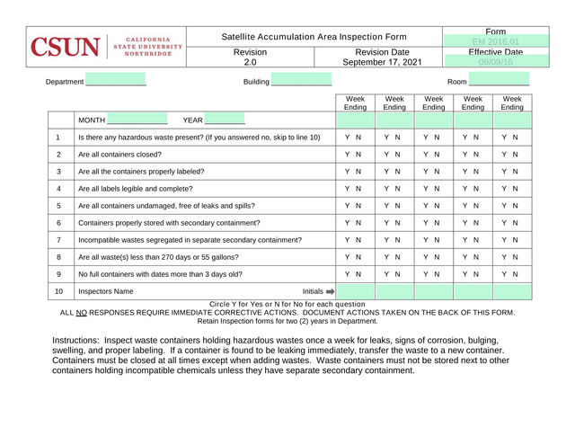 Satellite Accumulation Area Inspection Form screenshot