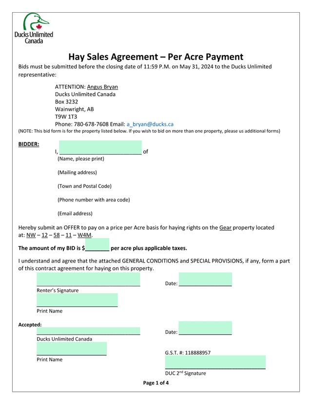 Hay Sales Agreement  Per Acre Payment screenshot