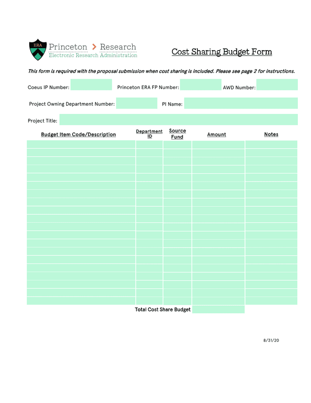 Cost Sharing Budget Form screenshot
