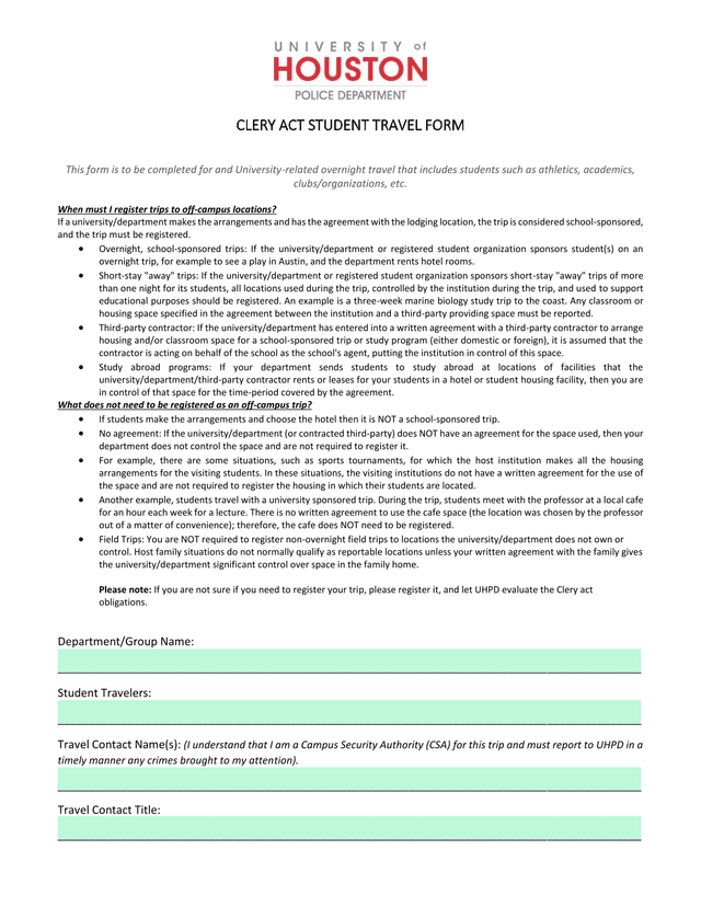 Clery Act Student Travel Form screenshot