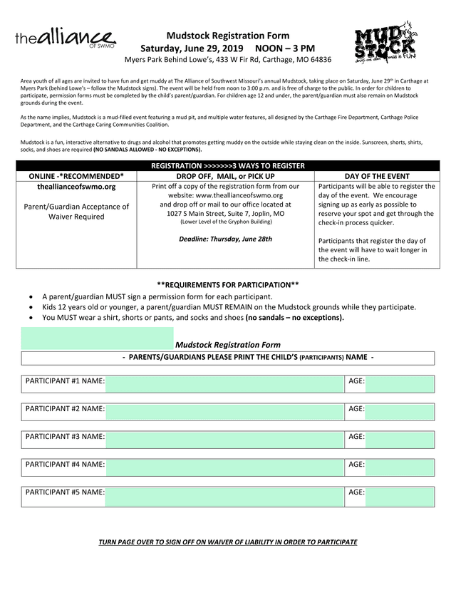 Mudstock Registration Form screenshot