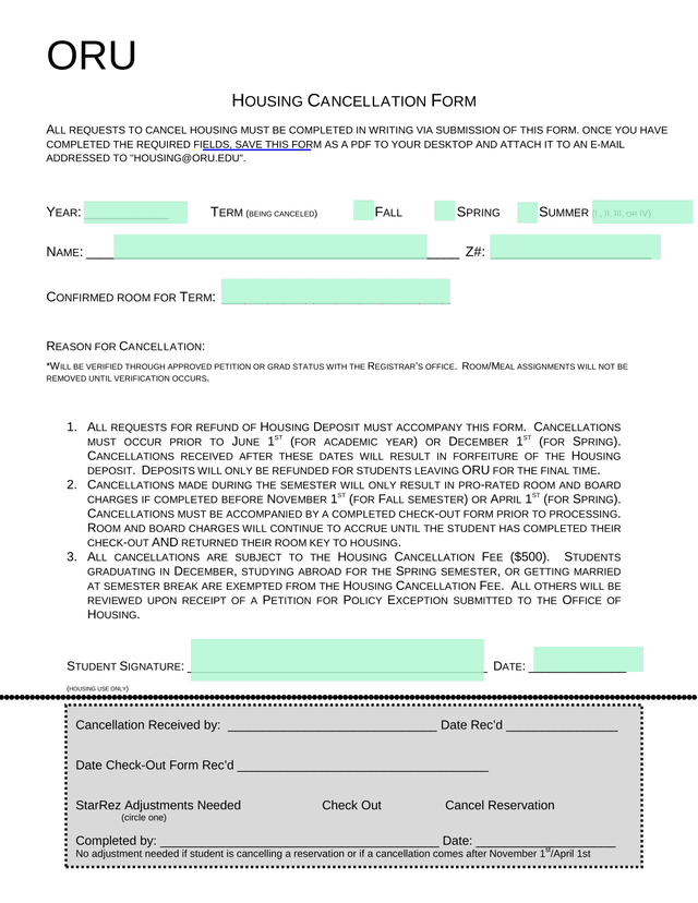 ORU Housing Cancellation Form screenshot
