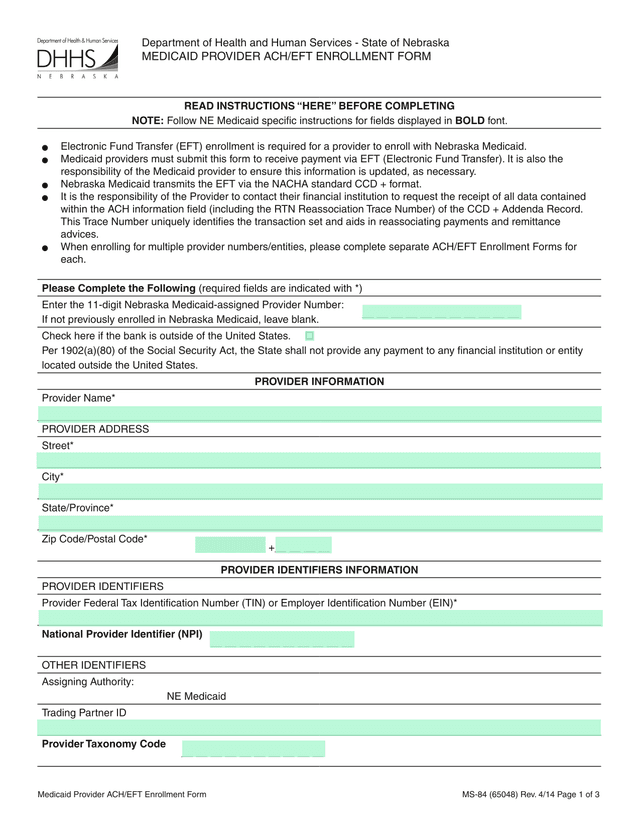 Medicaid Provider ACHEFT Enrollment Form screenshot