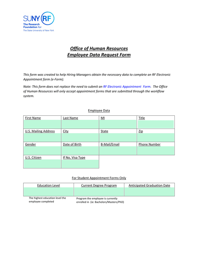 Employee Data Request Form screenshot
