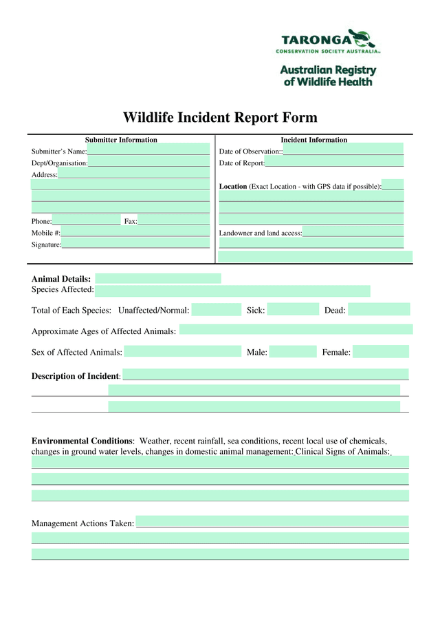 Wildlife Incident Report Form screenshot