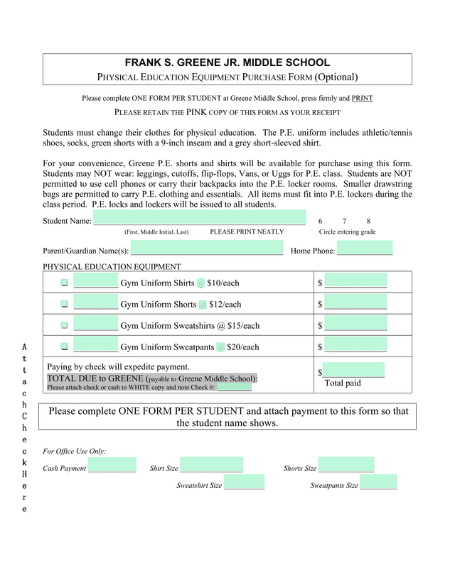 PHYSICAL EDUCATION EQUIPMENT PURCHASE FORM screenshot