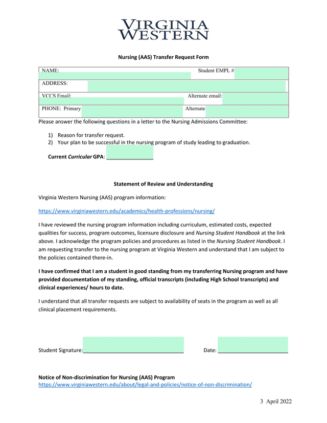 Nursing (AAS) Transfer Request Form screenshot