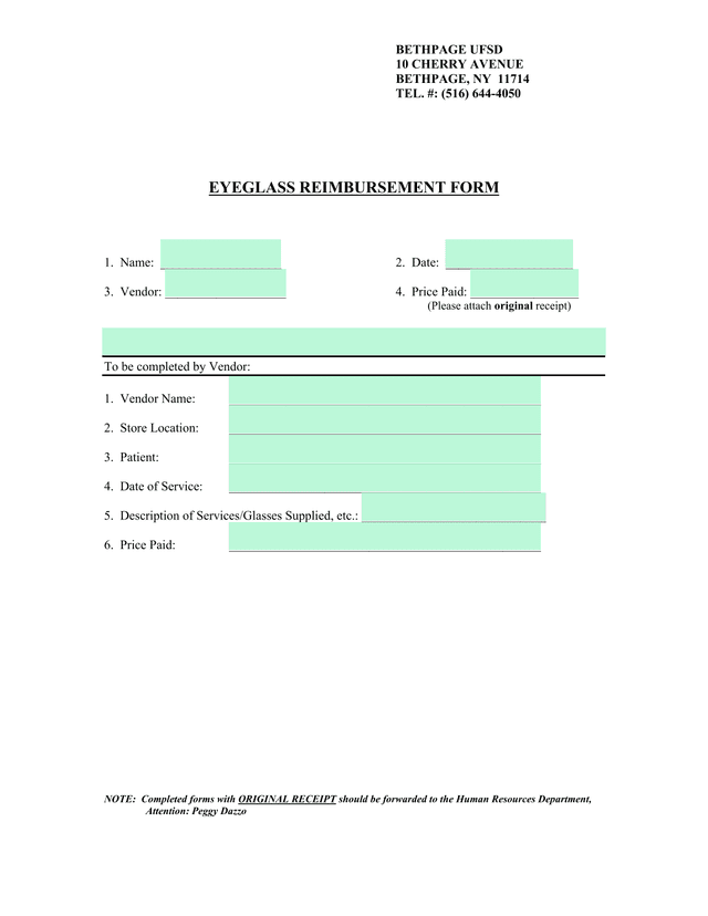 Eyeglass Reimbursement Form screenshot