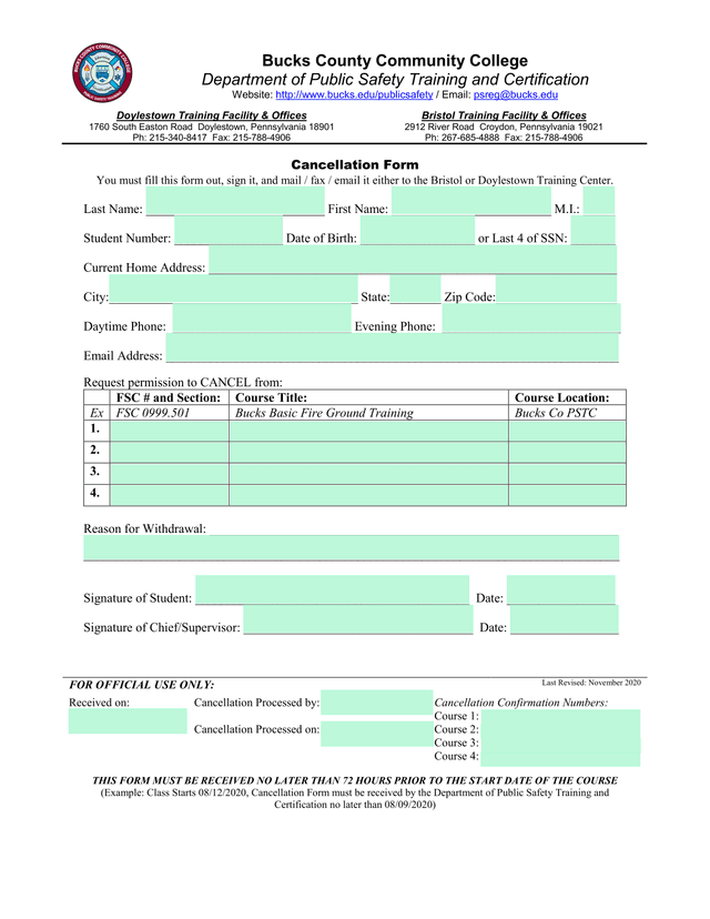 Cancellation Form screenshot