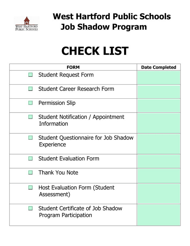 West Hartford Public Schools Job Shadow Program Student Request Form screenshot