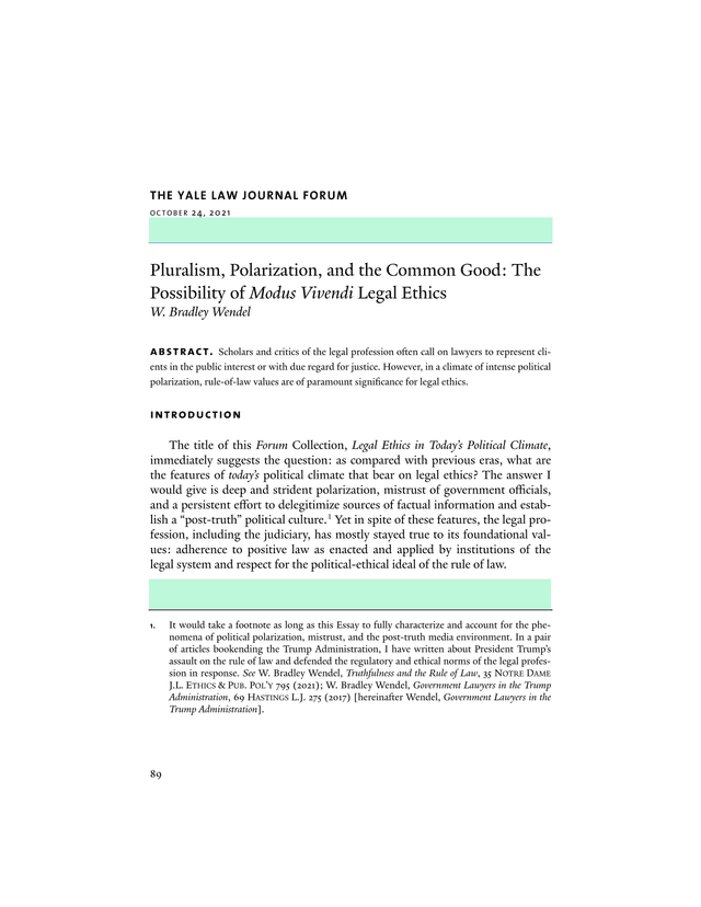 Pluralism, Polarization, And The Common Good The Possibility Of Modus Vivendi Legal Ethics screenshot