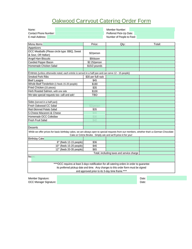 Oakwood Carryout Catering Order Form screenshot