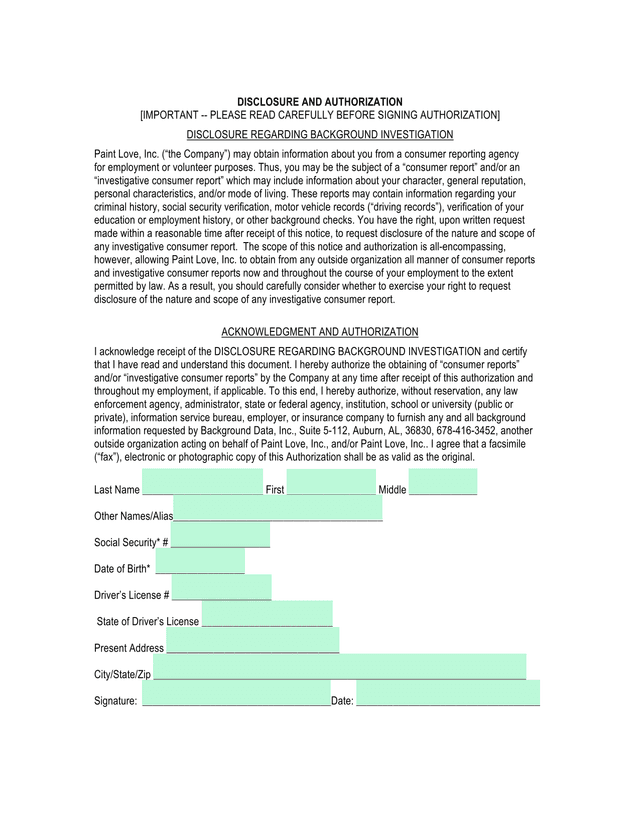 DISCLOSURE AND AUTHORIZATION screenshot