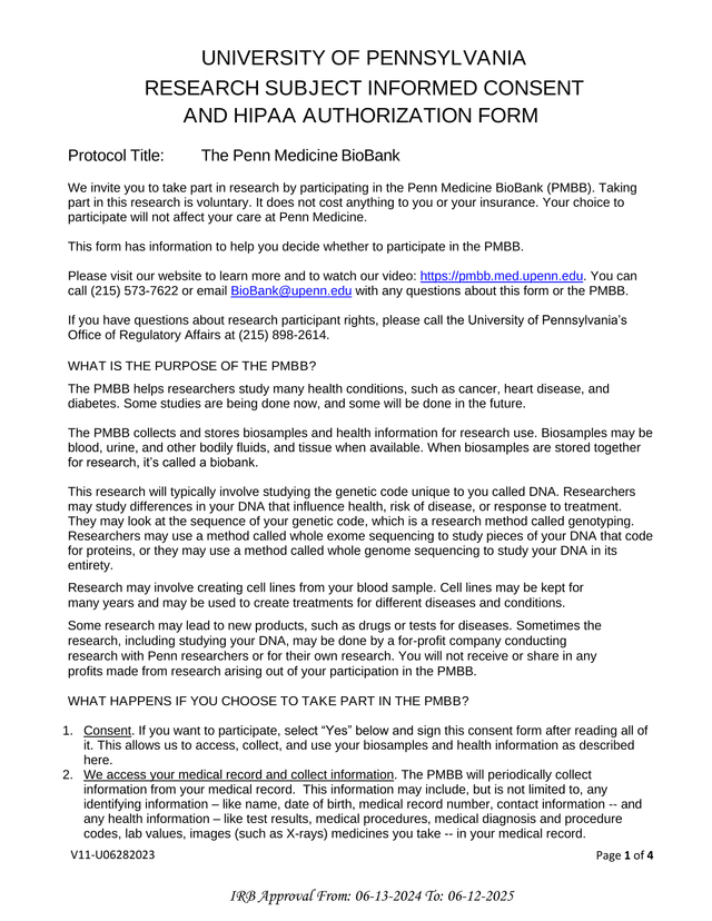 UNIVERSITY OF PENNSYLVANIA RESEARCH SUBJECT INFORMED CONSENT AND HIPAA AUTHORIZATION FORM screenshot