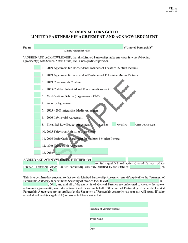 Screen Actors Guild Limited Partnership Agreement And Acknowledgment screenshot