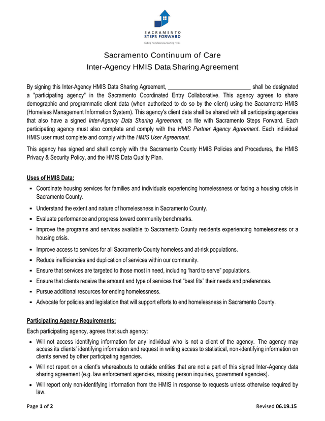 Sacramento Continuum Of Care Inter Agency HMIS Data Sharing Agreement screenshot