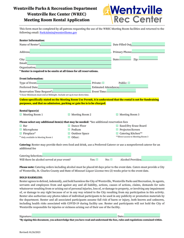 Wentzville Rec Center (WREC) Meeting Room Rental Application screenshot