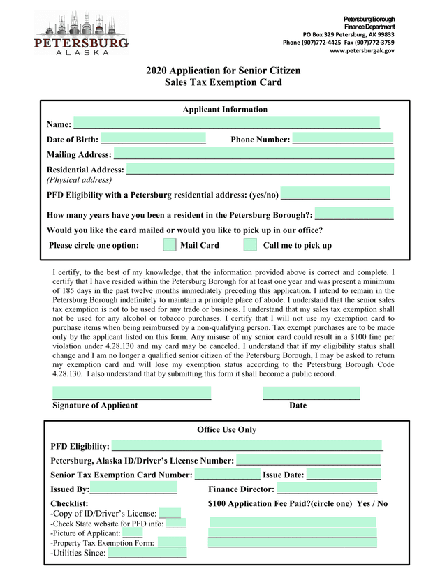 2020 Application For Senior Citizen Sales Tax Exemption Card screenshot