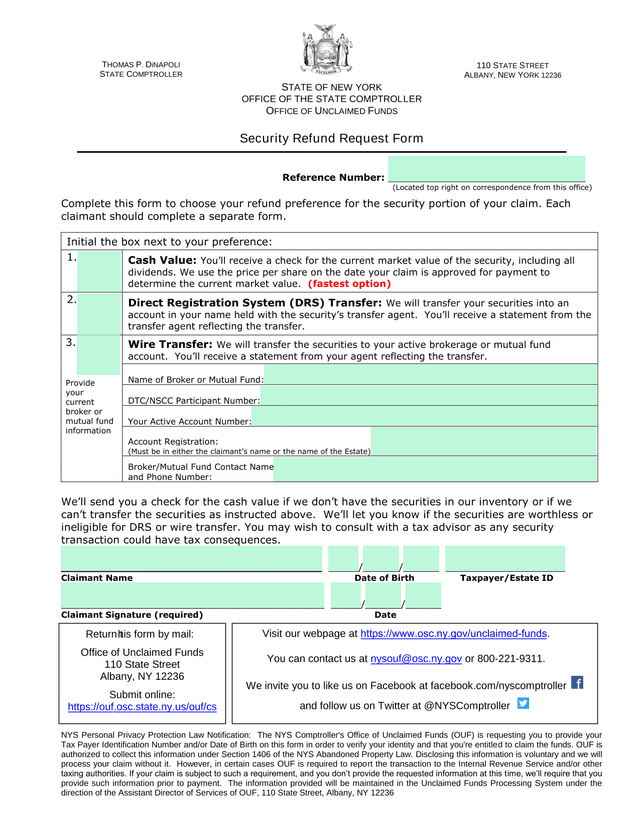 Security Refund Request Form screenshot