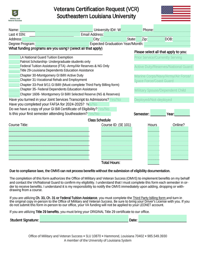 Veterans Certification Request (VCR) screenshot