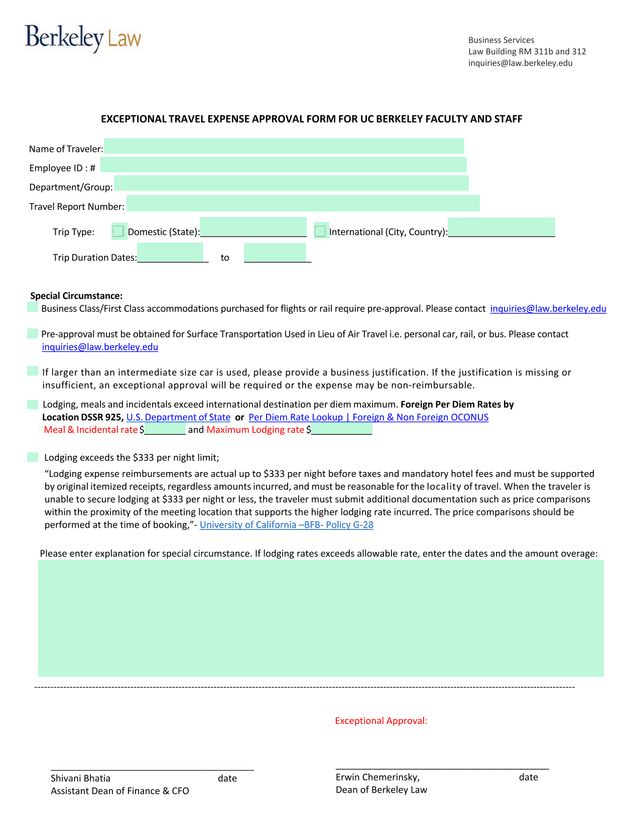 Exceptional Travel Expense Approval Form For UC Berkeley Faculty And Staff screenshot