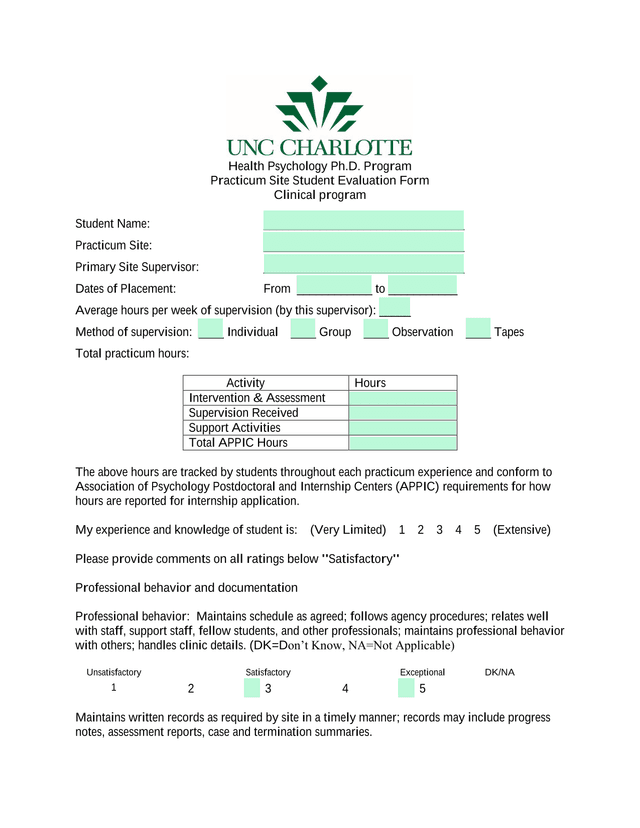 Health Psychology Ph.D. Program Practicum Site Student Evaluation Form screenshot