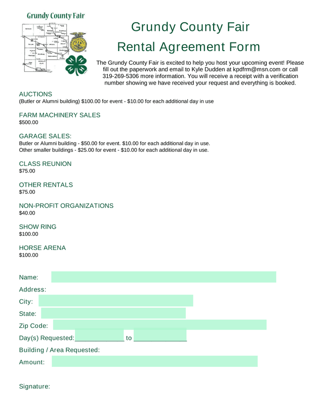 Grundy County Fair Rental Agreement Form screenshot