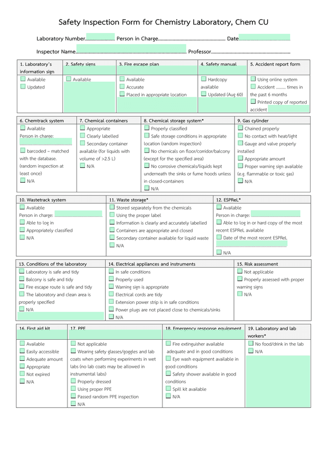 Safety Inspection Form For Chemistry Laboratory, Chem CU screenshot