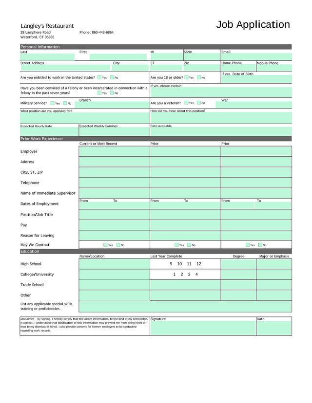 LangleyS Restaurant Job Application screenshot