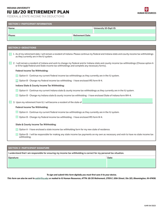 IU 1820 Retirement Plan   Federal  State Income Tax Deductions screenshot