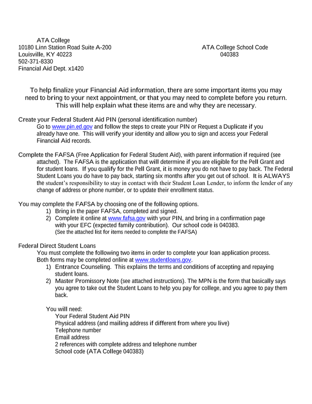 Financial Aid Information Packet screenshot