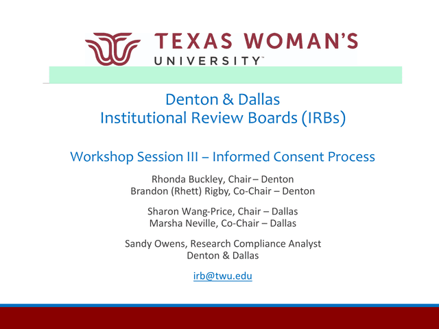 Denton  Dallas Institutional Review Boards (IRBs) Workshop Session III  Informed Consent Process screenshot
