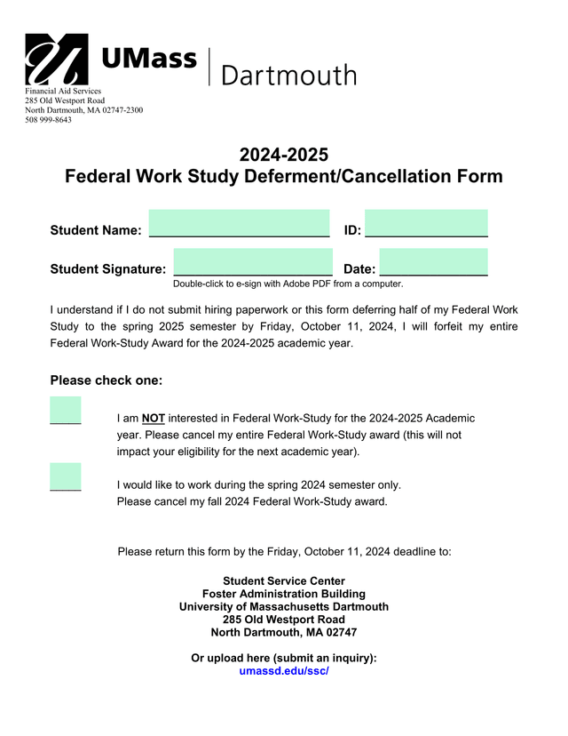 Federal Work Study DefermentCancellation Form screenshot