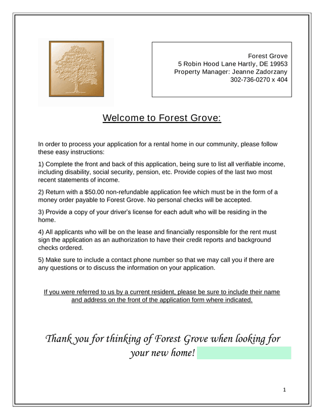 Forest Grove Residency Application Form screenshot