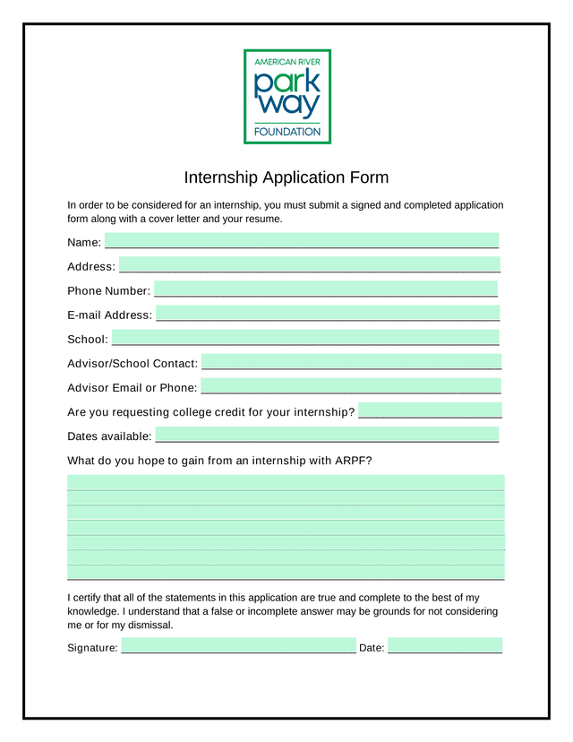 Internship Application Form screenshot