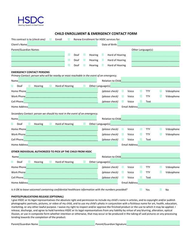 CHILD ENROLLMENT  EMERGENCY CONTACT FORM screenshot