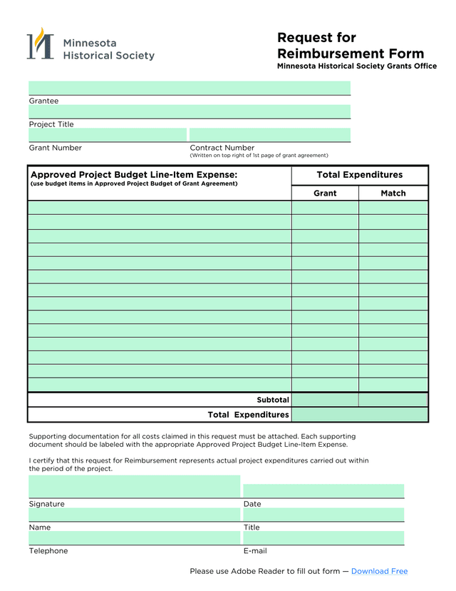 Request For Reimbursement Form screenshot
