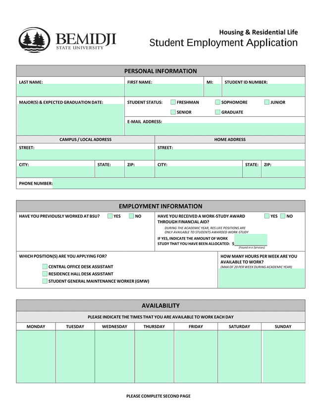 Student Employment Application screenshot
