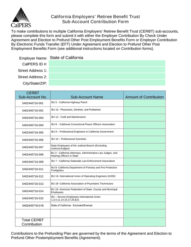 California Employers Retiree Benefit Trust Sub Account Contribution Form screenshot