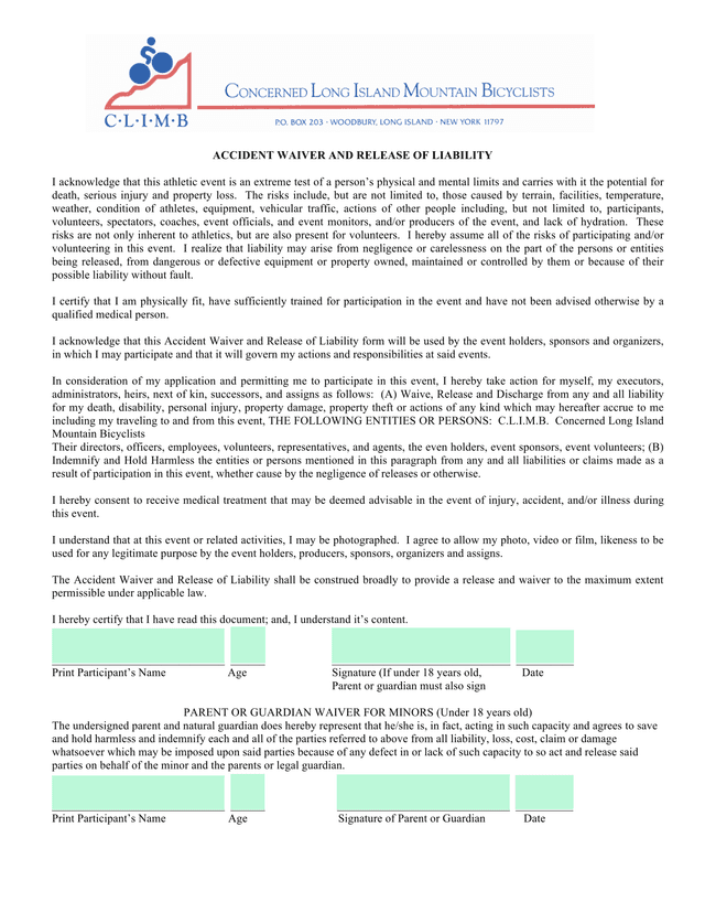 Accident Waiver And Release Of Liability screenshot