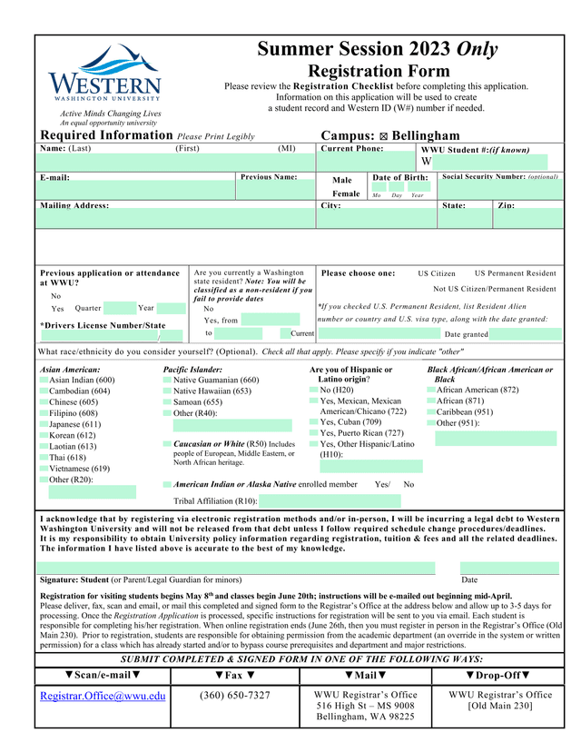Summer Session 2023 Only Registration Form screenshot