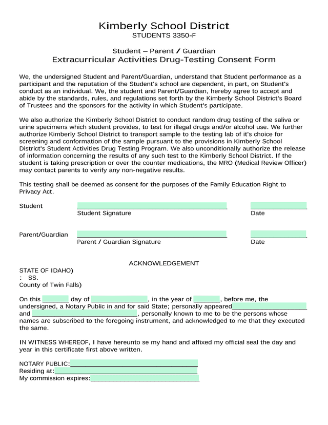 Student  Parent  Guardian Extracurricular Activities Drug Testing Consent Form screenshot