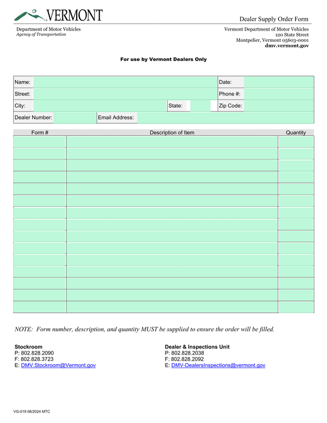 Dealer Supply Order Form screenshot